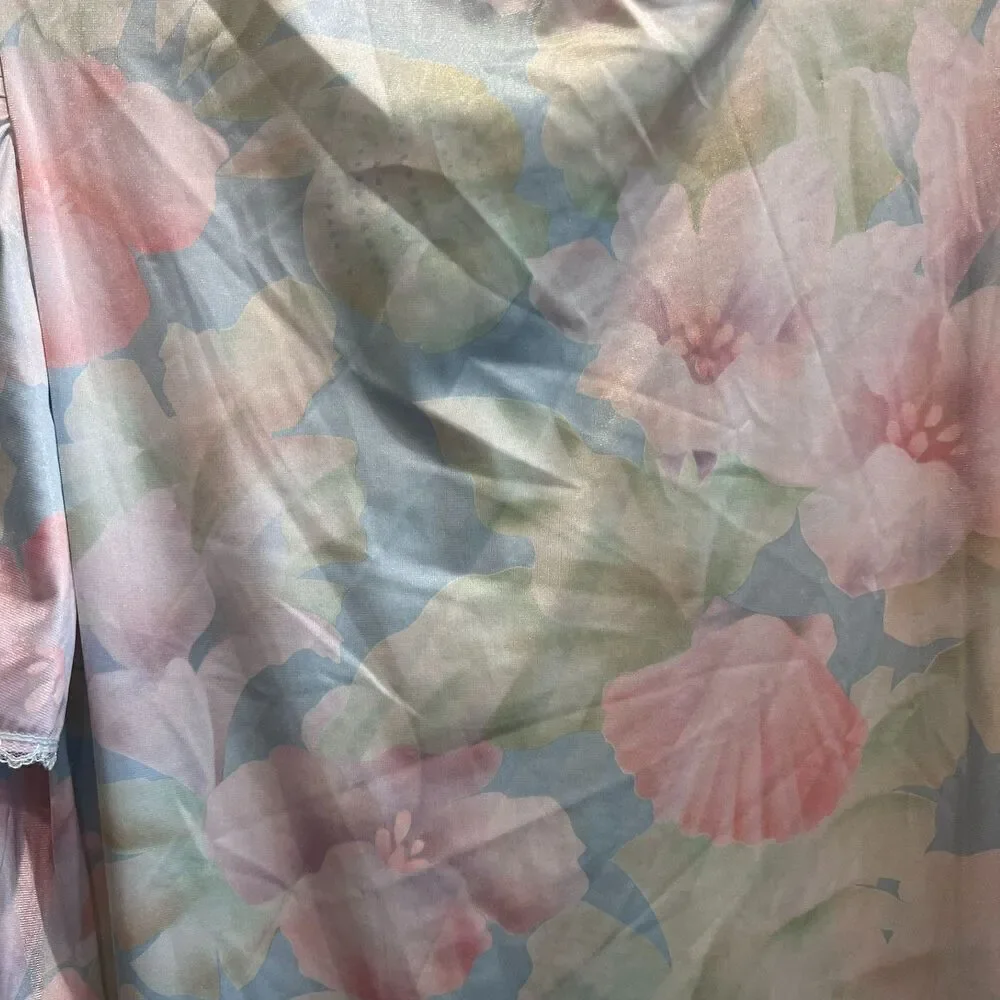 Lorraine Womens Pastel Blue Night Gown Robe Set OS Floral Vintage Short Sleeve